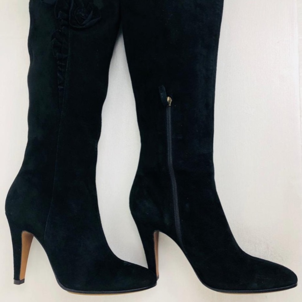 Moschino Suede Knee High Boots with Floral Detail